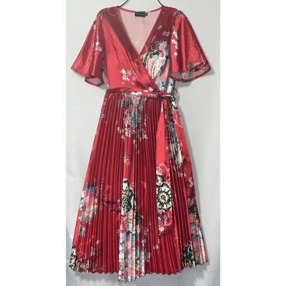 VTG PRETTYLITTLETHING Vibrant Red Floral Pleated Dress Size 4 - Picture 1 of 10
